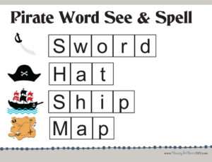 Add this pirate see and spell sheet to your pirate-themed home school curriculum. This freebie includes four pirate-themed spelling words for use with letter tiles.
