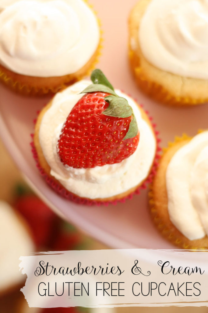 These delicious gluten free strawberries and cream filled cupcakes will be the perfect addition to any Spring or Summer gather, especially a Mother's Day dessert! gluten free cupcakes | gluten free strawberry cupcakes | gluten free filled cupcakes | Spring gluten free cupcakes | Summer gluten free cupcakes | gluten free mothers day dessert #glutenfree