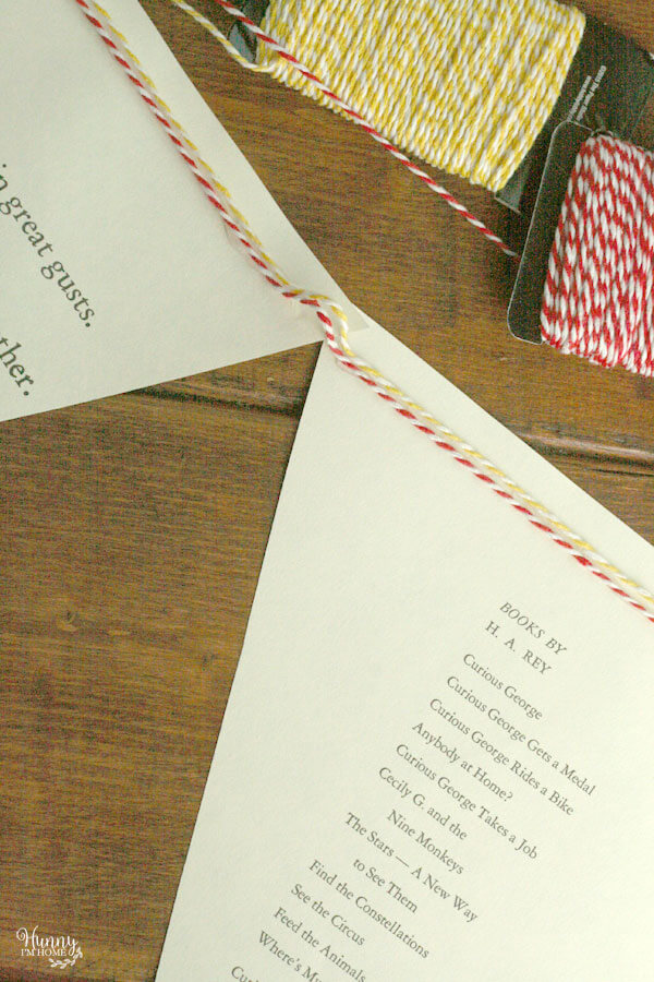 Learn how to make a banner out of book pages for your next birthday party from hunnyimhomediy.com | book page banner | Curious George birthday party | Curious George party | Curious George party decorations | Curious George party ideas | Curious George decor | book page decor | book page decorations | book page crafts | book page craft ideas