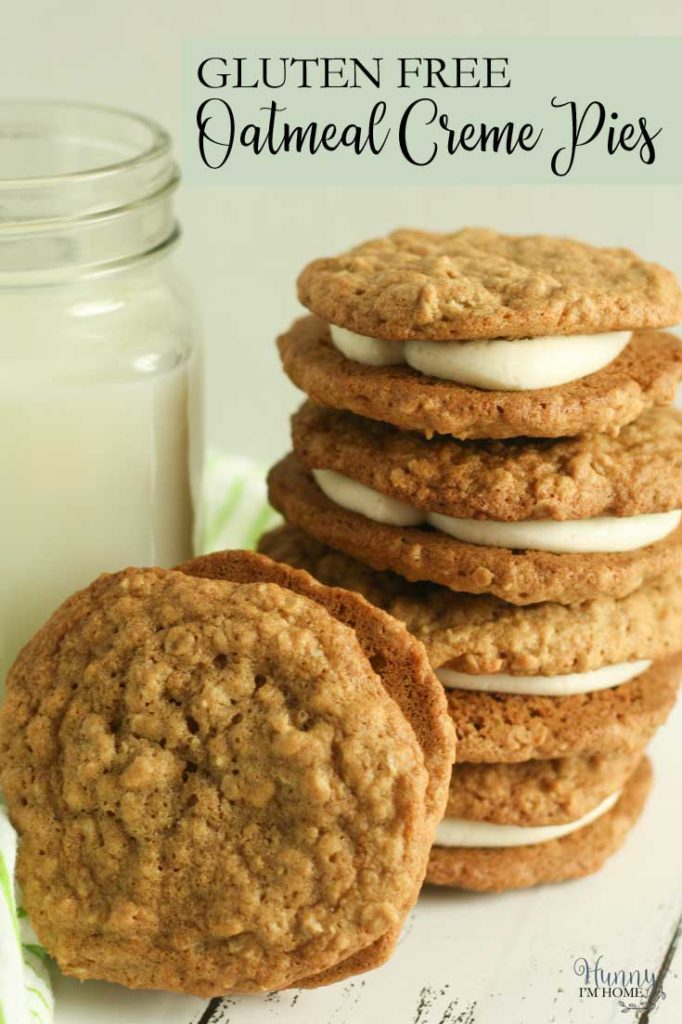 These delicious gluten free oatmeal creme pies may even taste better than the originals! via Hunny I'm Home DIY | gluten free oatmeal cream pies | gluten free Christmas cookies | gluten free cookie recipes | gluten free desserts | gluten free recipes | gluten free copy cat recipe | gluten free oatmeal cookies | gluten free cookies easy | gluten free oatmeal cream pie cookies | gluten free oatmeal creme pie cookies #glutenfree #christmascookies