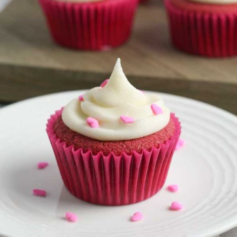 This delicious gluten free red velvet cake recipe makes the most delicious gluten free red velvet cupcakes. They're the perfect gluten free Valentines dessert and a wonderful gluten free Valentines day treat. These gluten free cupcakes are also great as gluten free birthday treats. #glutenfree #redvelvet #glutenfreecupcakes