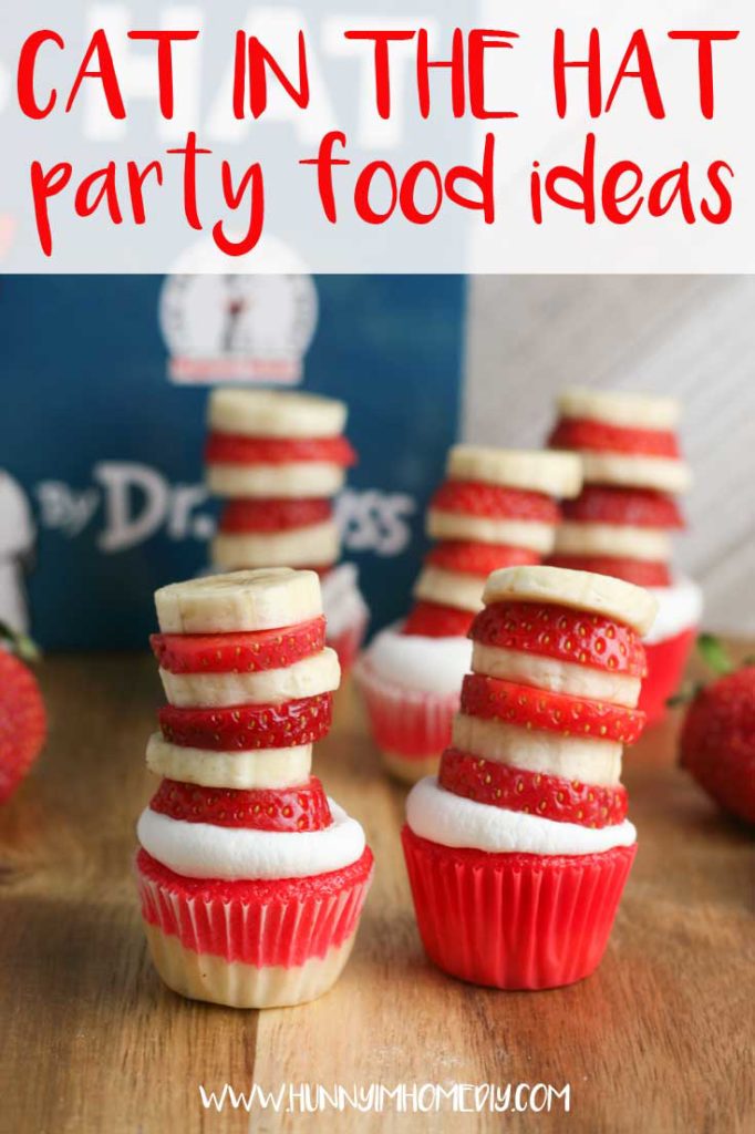 You'll love these adorable Cat in the Hat cupcakes. They're the perfect addition to a Cat in the Hat birthday party or a Dr Seuss birthday party. These cupcakes have an adorable Cat in the Hat cupcakes topper made of strawberries and bananas. The Dr Seuss cupcakes are simple to make and will make your Dr Seuss party or Cat in the Hat party so special! #DrSeuss #CatintheHat #cupcakes