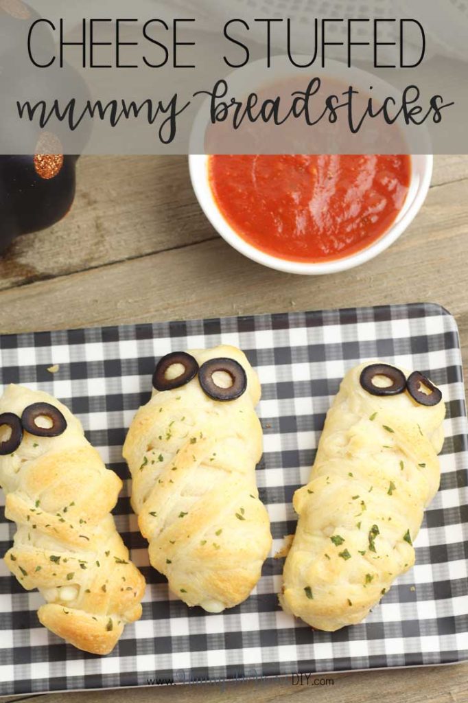 Cheese stuffed mummy breadsticks made with crescent rolls