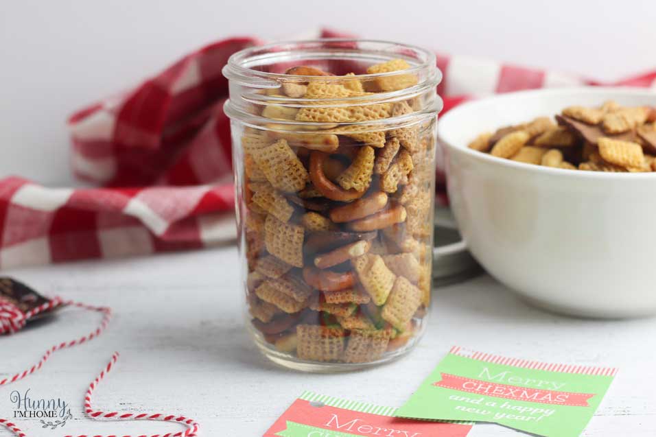 Add chex mix to jar