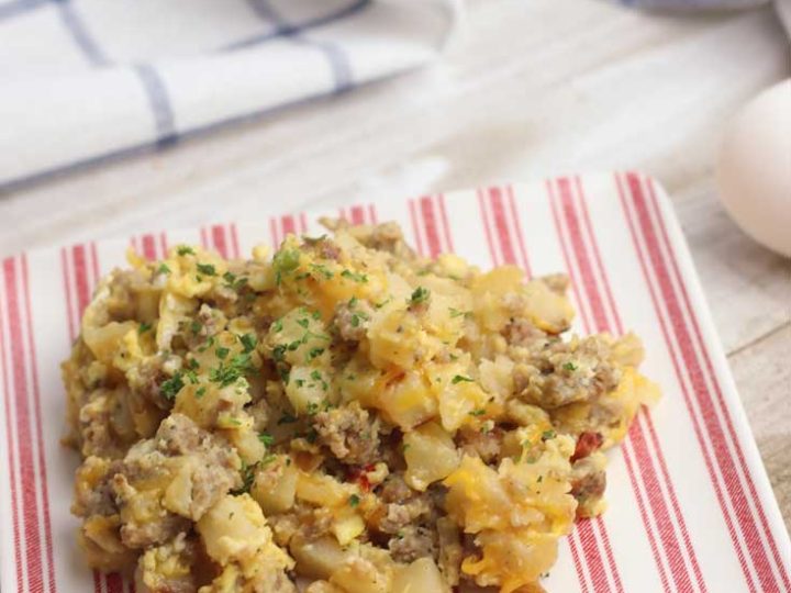 Finished egg and sausage scramble Christmas breakfast recipe