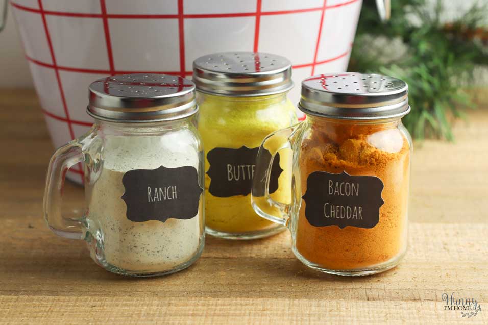Glue printable labels on popcorn seasoning shaker