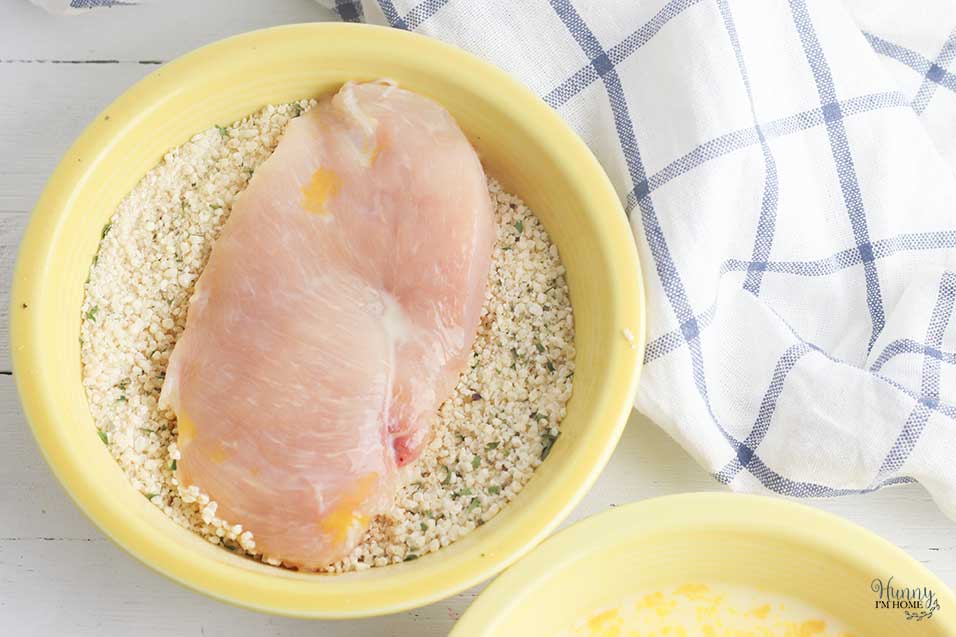 Dip in bread crumbs for gluten free parmesan crusted chicken