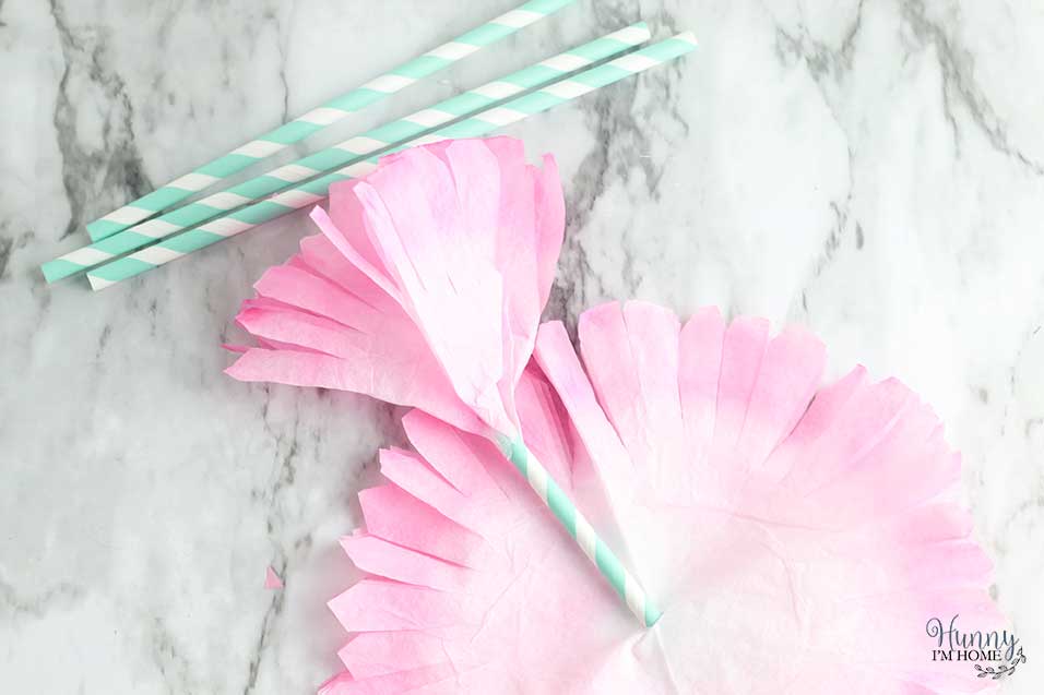 Glue coffee filter flower petals to paper straw