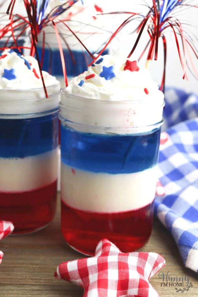 red white and blue jello in a jar