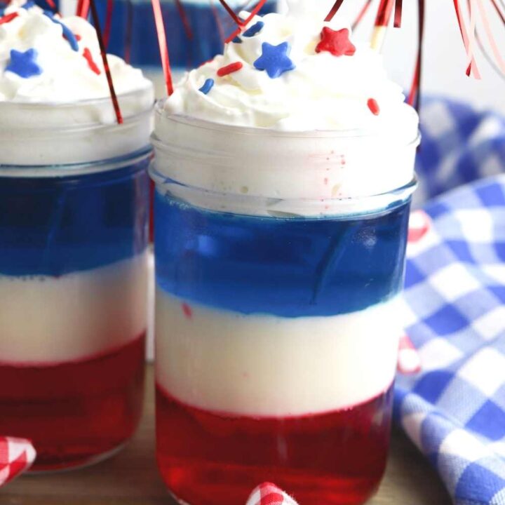 red white and blue jello in a jar