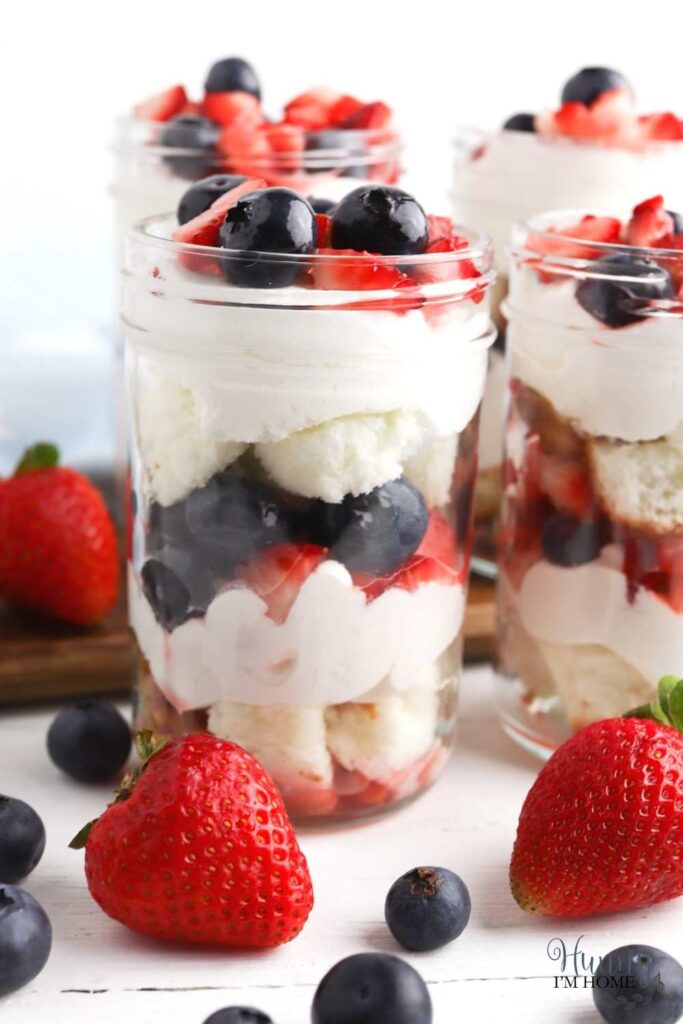 red white and blue mason jar dessert