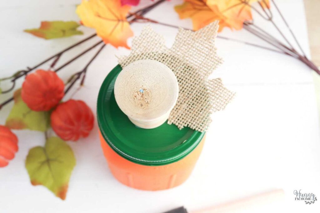 pumpkin craft with burlap leaf