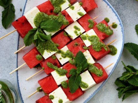 Image for Take-Along Watermelon Skewers with Feta and Mint Pesto